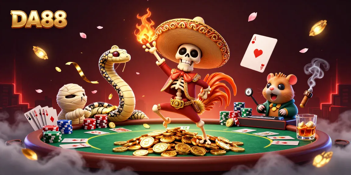DA88 showcases a vibrant casino scene with a mariachi rooster and a DJ hamster, celebrating winning with poker chips.