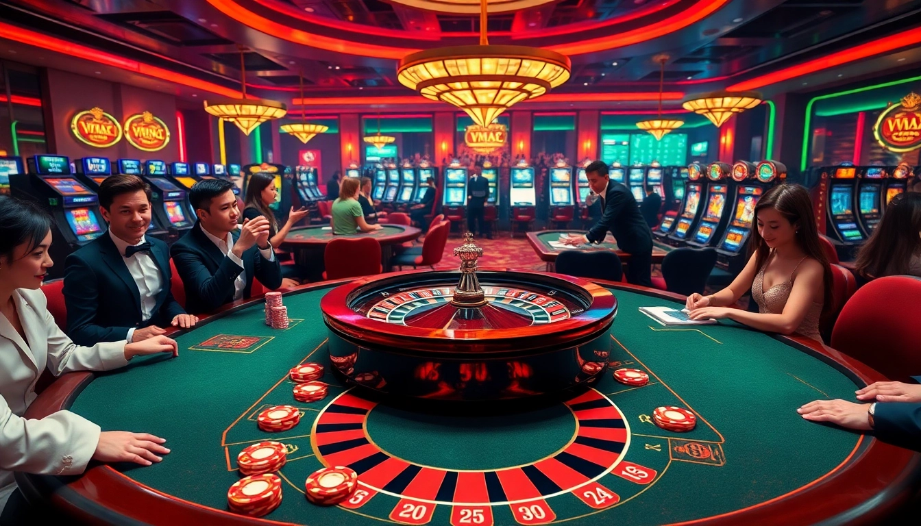 Players enjoying a thrilling game scene at Vmax Com casino, showcasing vibrant poker chips and roulette wheel.