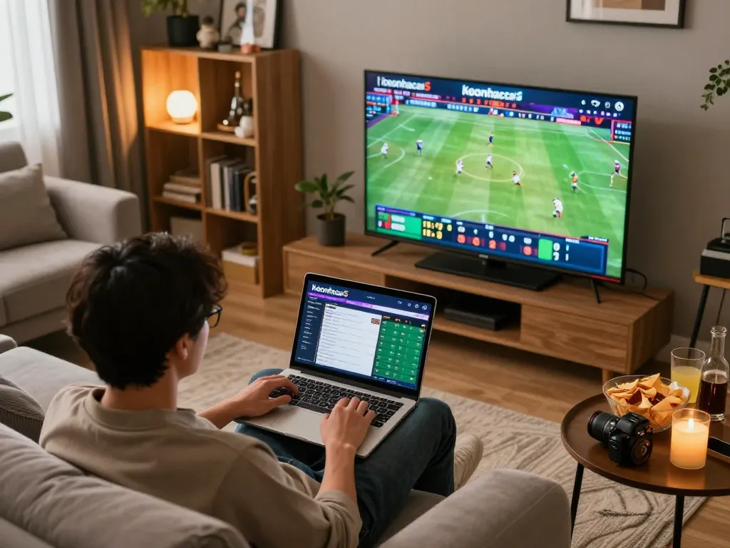 Engaging online sports betting scene featuring keonhacai5 interface displayed on laptop in a cozy setting.