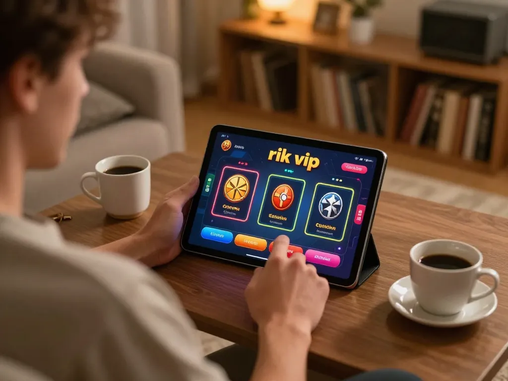 Player engaging with the rik vip casino app on tablet in a cozy home setting, emphasizing online gambling experience.