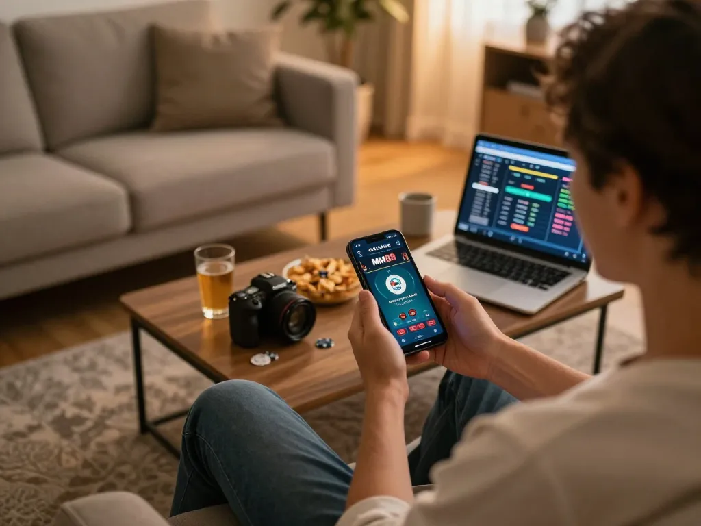Engaging in MM88 poker app gaming from a cozy home setting, showcasing a strategic atmosphere.