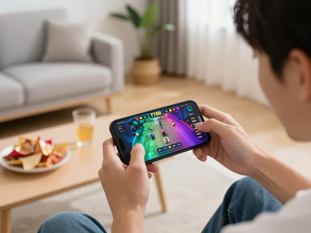 Engaging gameplay of game TT88 on smartphone in cozy home setting