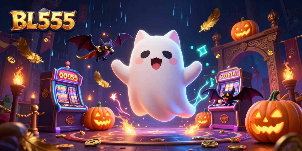 Experience the thrilling ambiance of BL555 with a ghost cat and vampire bat in a haunted casino.