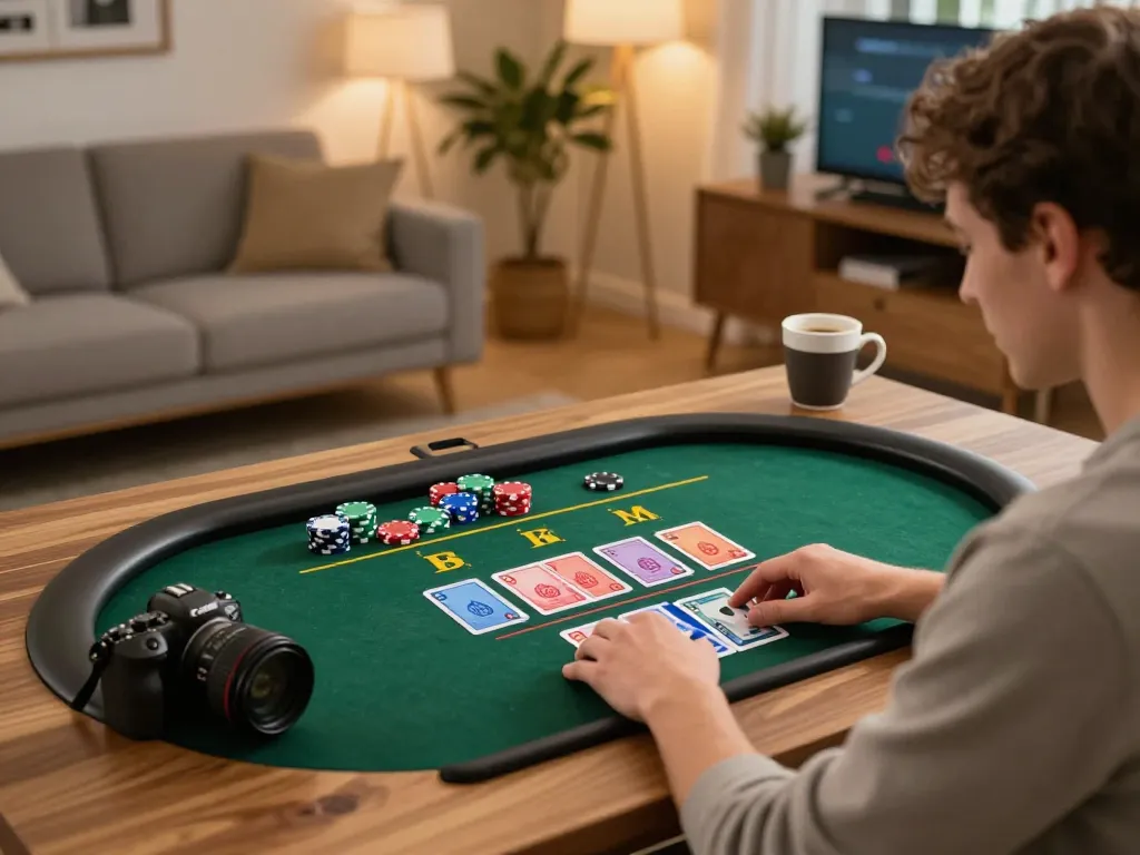 Player engaging in live dealer game on a tablet, enjoying 555win experience in a cozy home setting