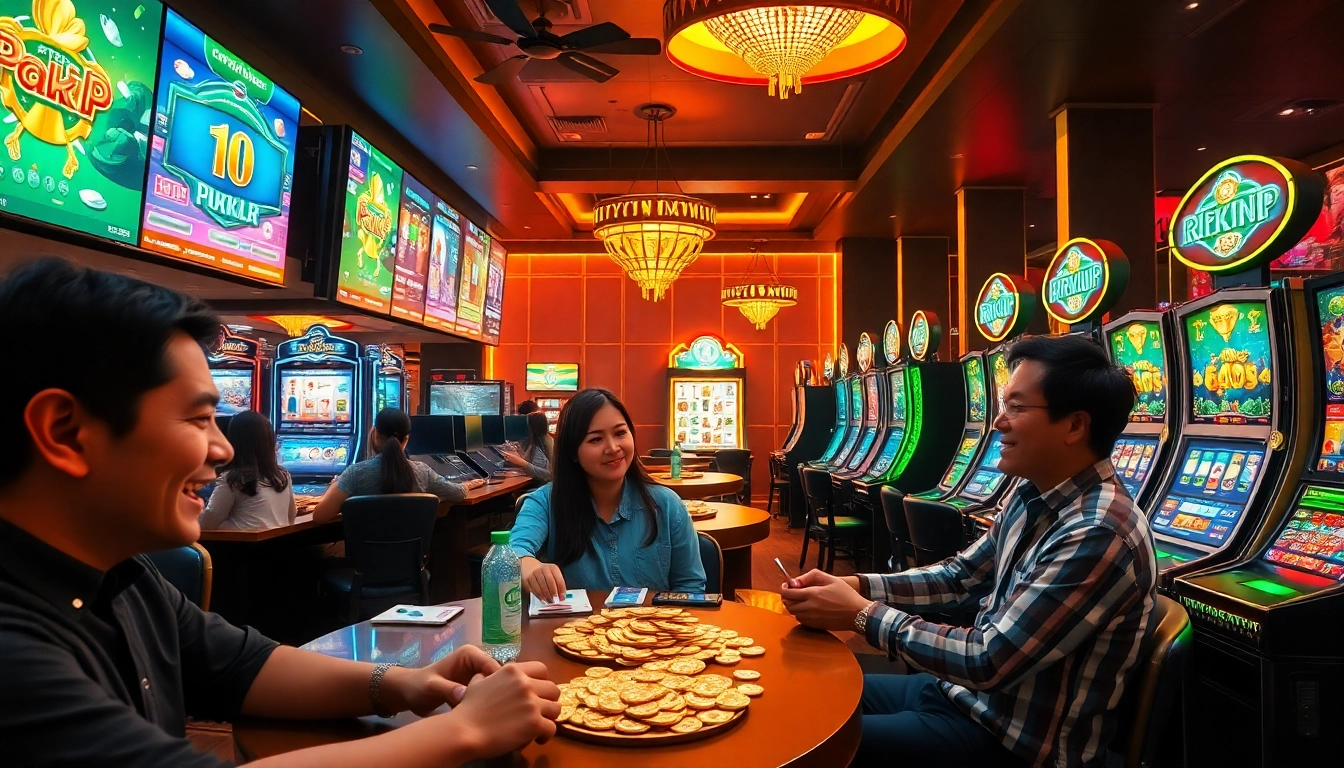Exciting Rikvip gaming scene with players enjoying poker and slots, emphasizing rewarding and engaging experiences.