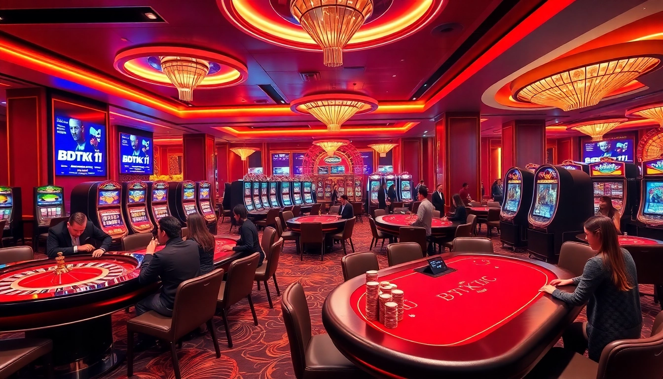 Engaging casino scene highlighting BDTK1 app on modern gaming tables with vibrant action.