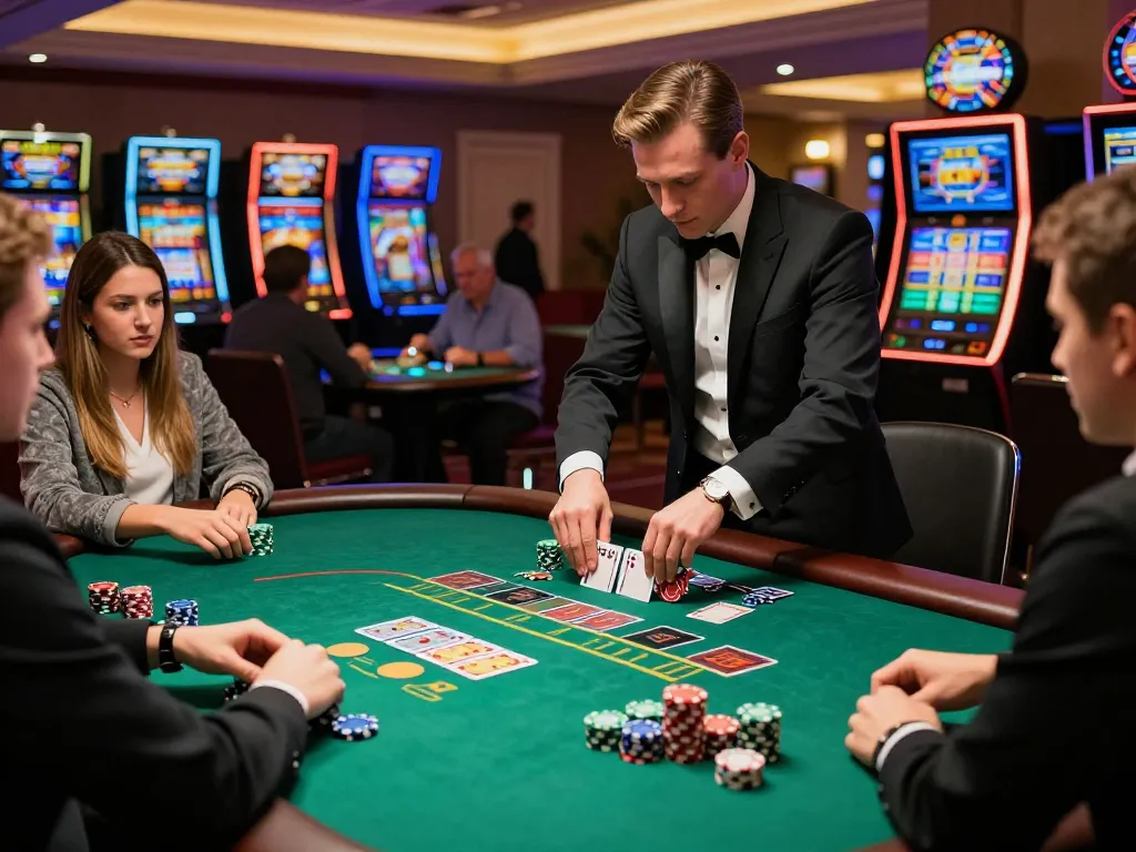 X88 players celebrating a win at a lively blackjack table in an upscale casino.