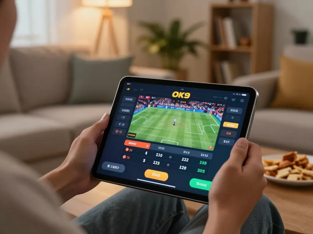Engaging online betting moment with OK9 app displayed on tablet in a cozy living room during an exciting sports event.