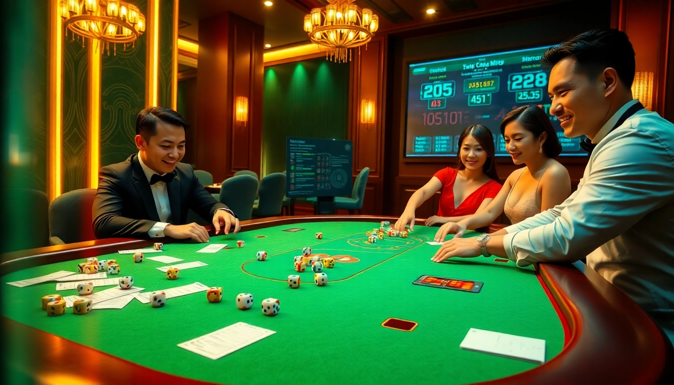 Tài xỉu MD5 gaming table featuring players strategizing bets with vibrant dice and betting slips.
