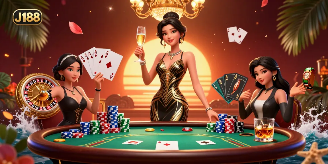 Experience the thrilling games at J188 casino, featuring an elegant Asian woman amidst vibrant poker action and luxurious décor.