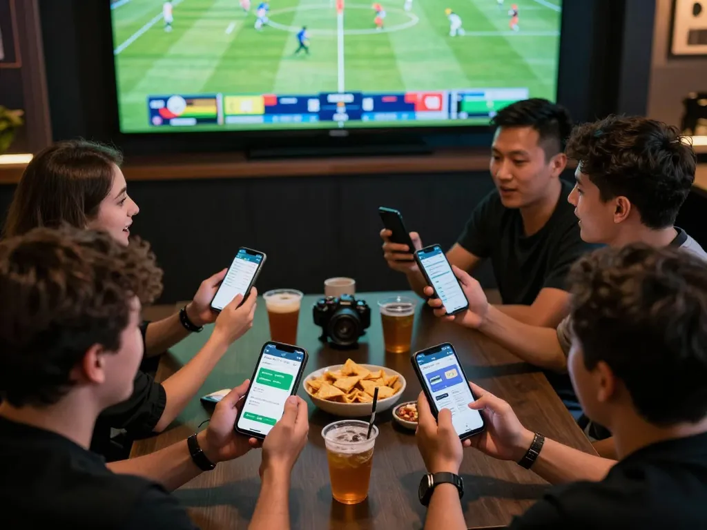 KUWIN users placing bets on live sports while enjoying a lively gathering with friends.