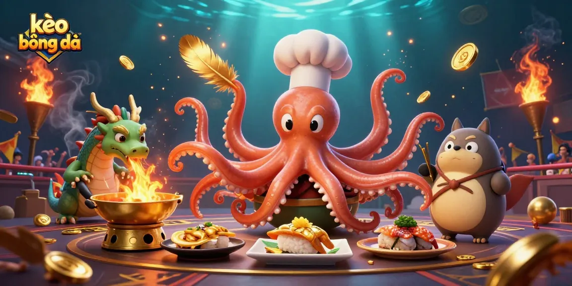 Bet on kèo bóng đá in a lively stadium with a sushi chef octopus, fire-breathing dragon, and dynamic atmosphere.
