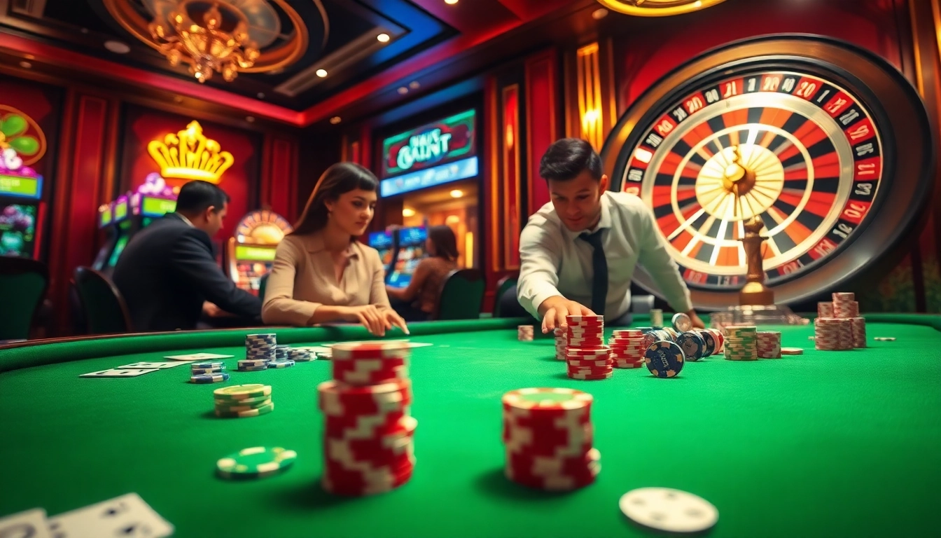 Casual players enjoying intense kqbd gaming at a luxurious casino table with poker chips and cards.