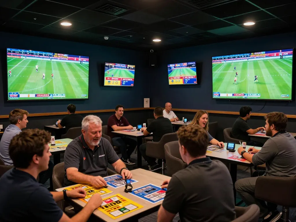 Socolive football matches displayed in a lively sports betting lounge with excited bettors