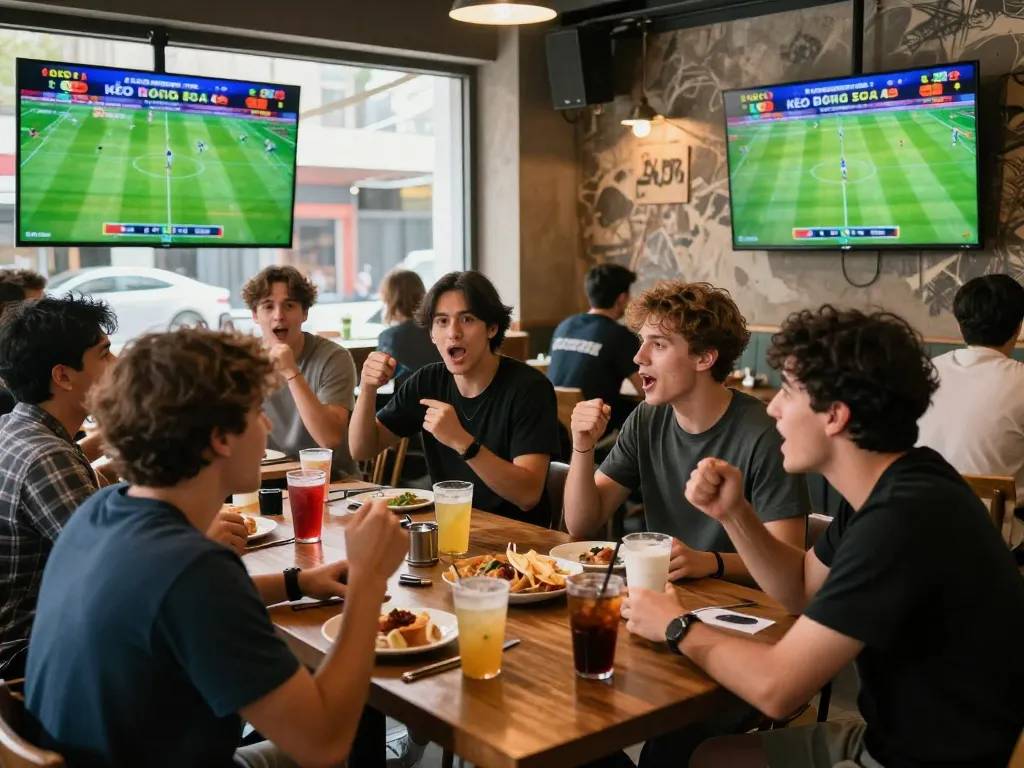 Group of friends engaging in kèo bóng đá betting at a lively sports cafe.