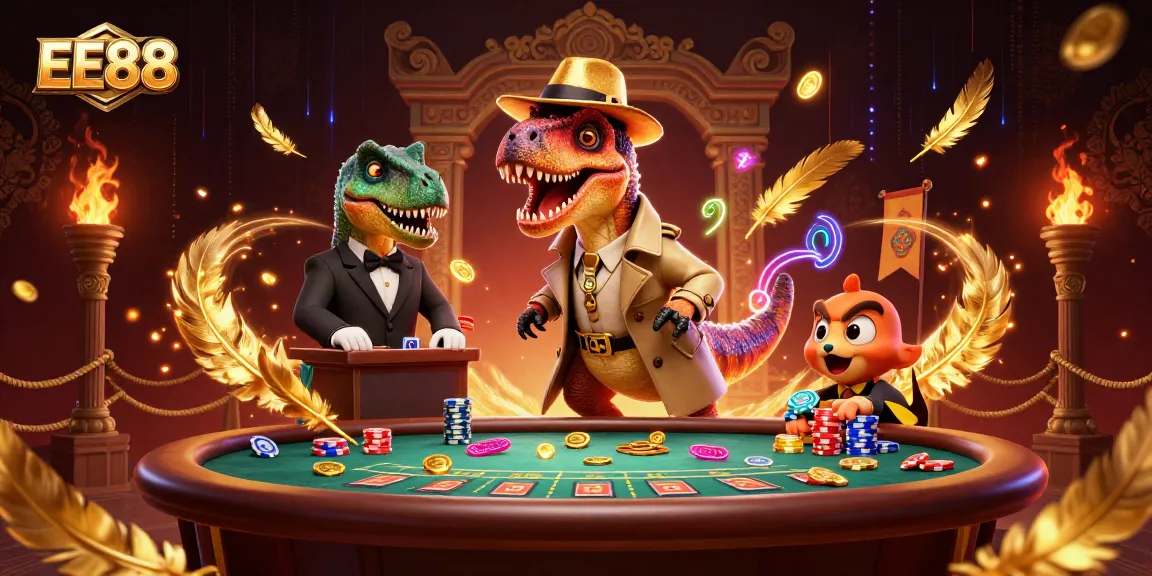 EE88 gameplay scene with a cartoon velociraptor card counter amidst a lively casino atmosphere.