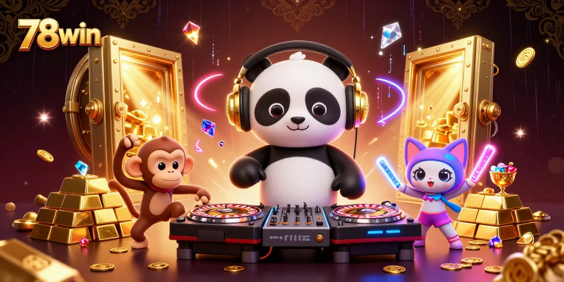 Experience thrilling gameplay with 78win's dazzling casino elements surrounding a dynamic DJ panda.