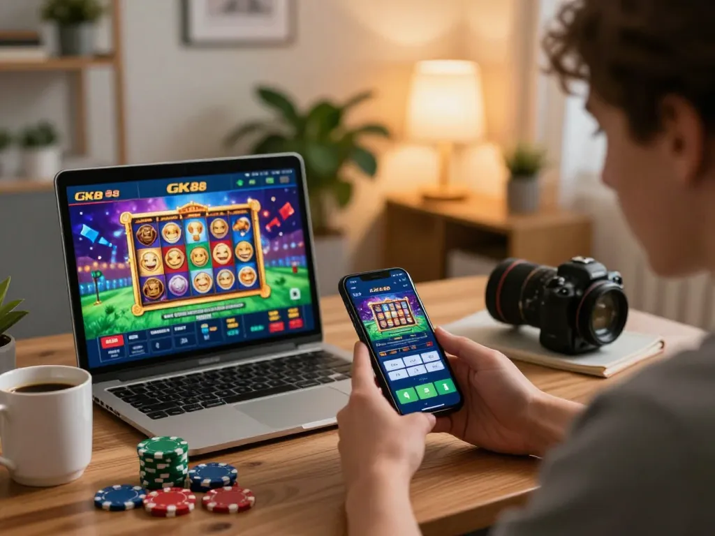 gk88 player engaging with mobile casino app, showcasing vibrant gaming options in a cozy setting