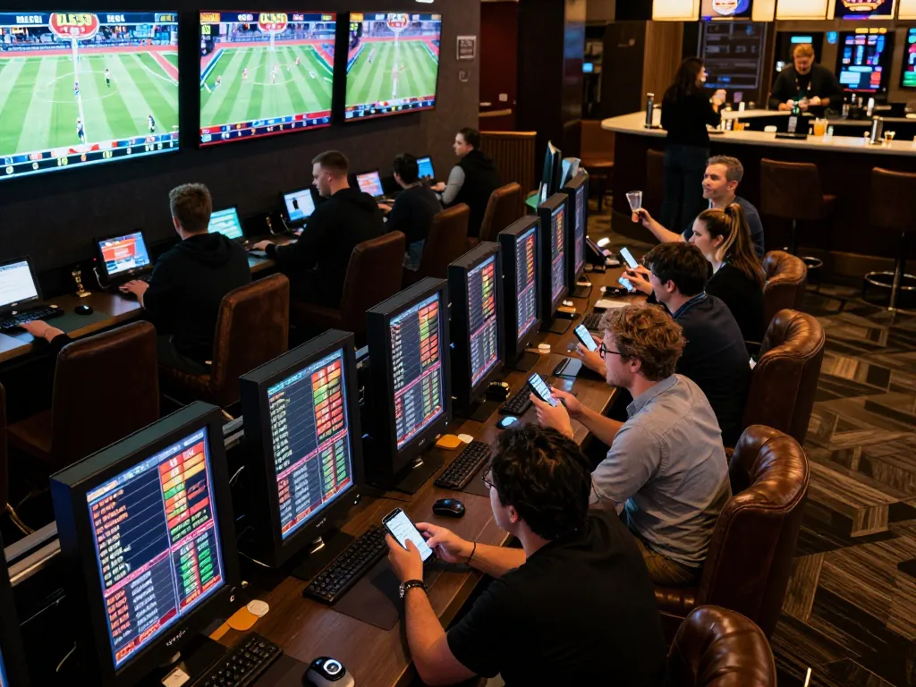 Engaged bettors analyzing sports odds and matches at BL555 sportsbook event