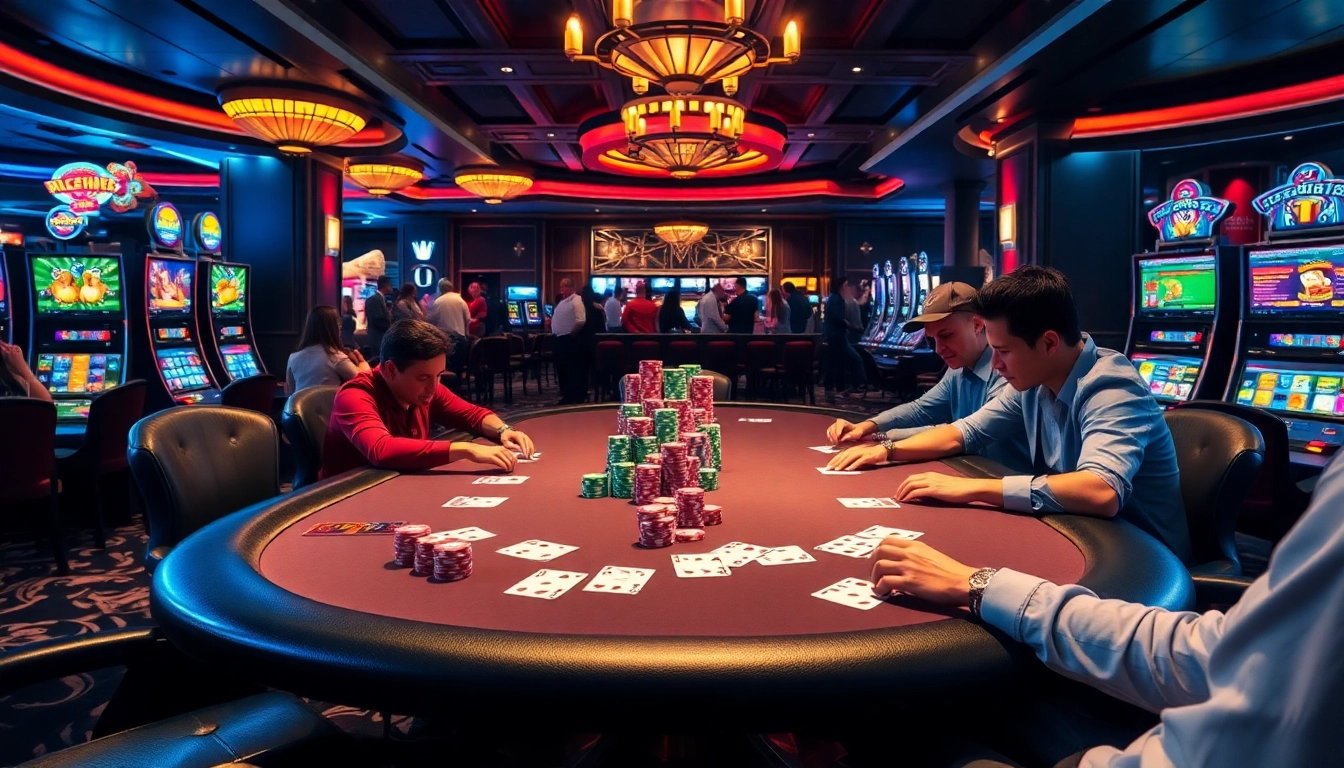High-stakes poker action at https://debet.jp.net/ with vibrant casino atmosphere and colorful chips.
