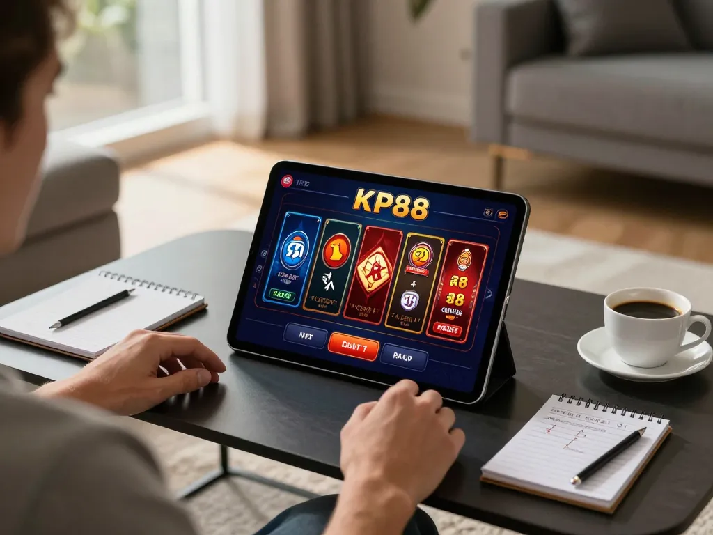 Engaging gameplay on KP88 casino app shown on tablet during cozy home gaming session.
