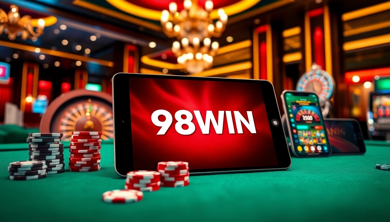 Experience seamless gaming with https://98wins.co.com/ on luxurious devices amid a vibrant casino backdrop.