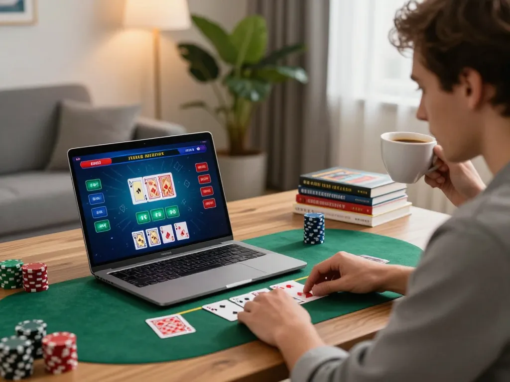 Player enjoying live dealer blackjack on RR88 laptop in stylish home office setting.