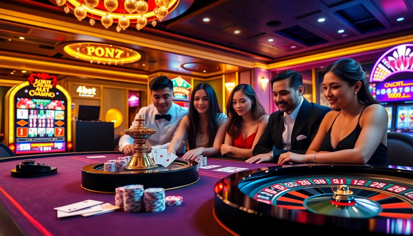 Players enjoying an exciting game at a Luckywin88 casino table with poker chips and cards.