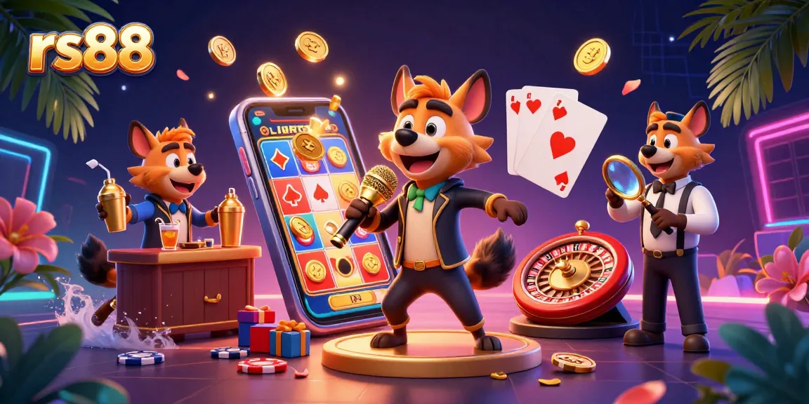 Experience the exciting atmosphere of rs88 with a 3D hyena comedy casino scene featuring gaming elements and vibrant colors.