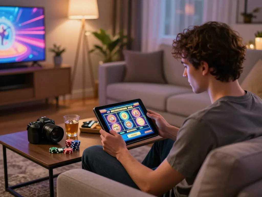 Engaging in strategic gaming at https://rr88.wales/ with a tablet in a cozy living room setting.
