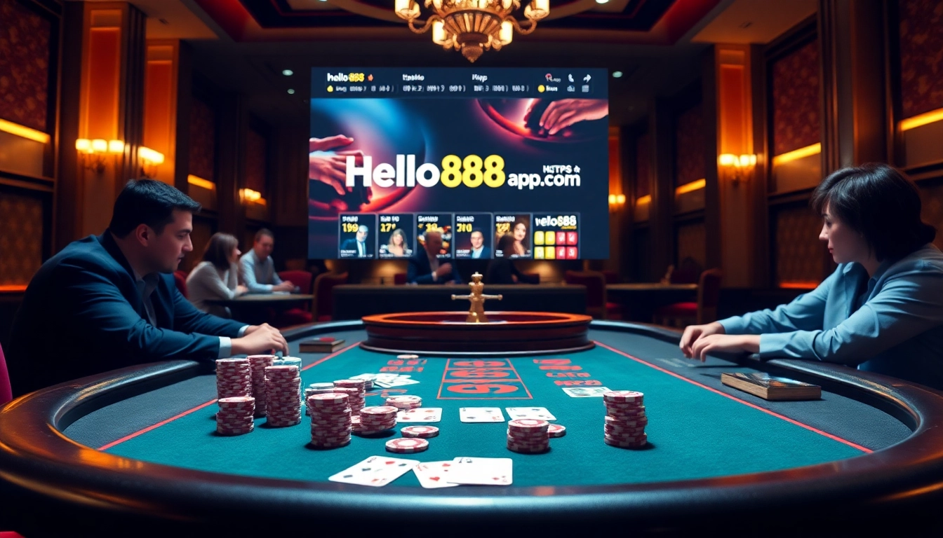 Engaging poker players at a luxurious table with a focus on https://hello88app.com/ casino experience.