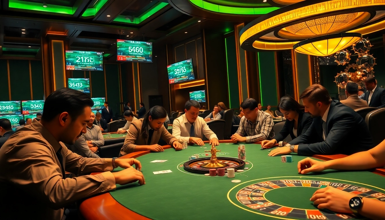 Experiencing kèo nhà cái in a dynamic luxury casino environment with focused gamblers and digital updates.