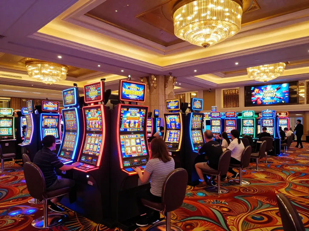 Sao789 players celebrating winning spins on vibrant slot machines in lively casino atmosphere.