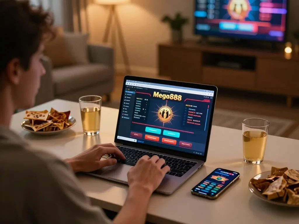 Playing Mega888 apk on a laptop at home, showcasing immersive online gambling experience.