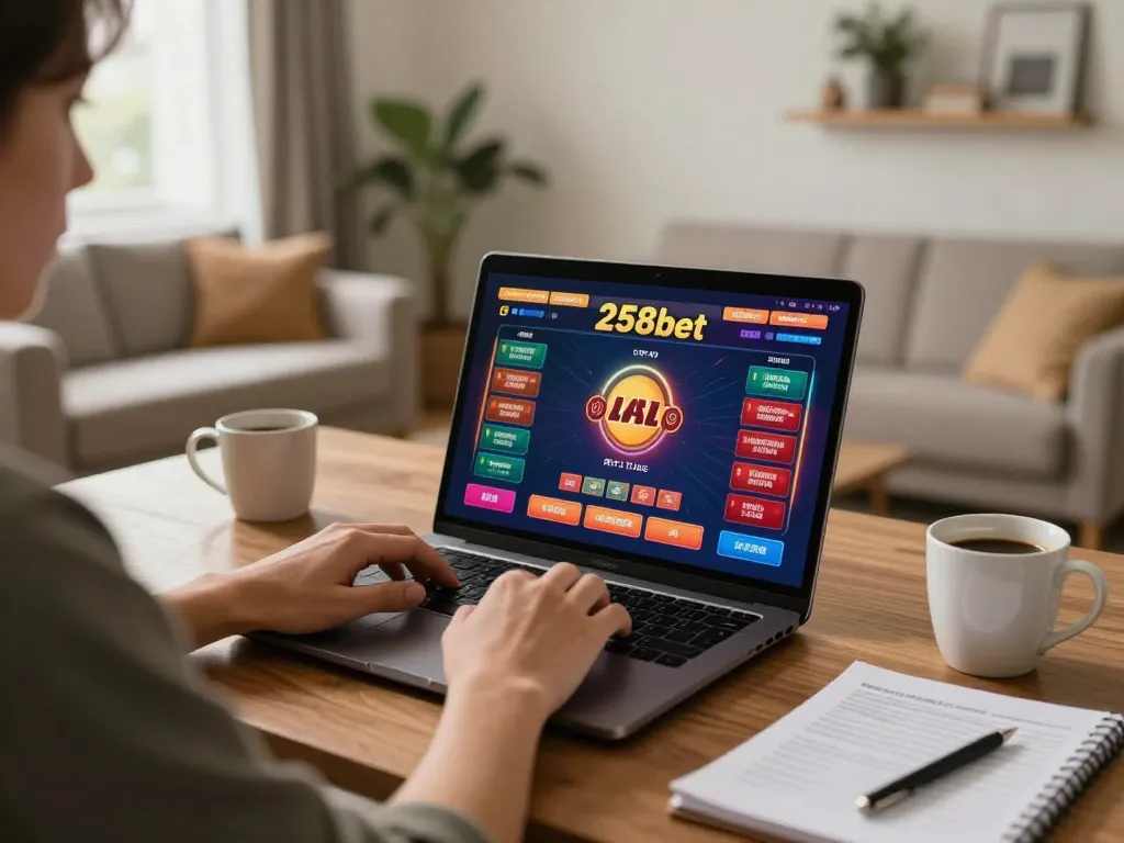 Engaging with 258bet's online casino interface while strategizing on a laptop at home