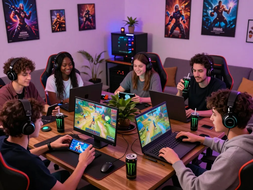 Friends enjoying gaming on okwin.com in a vibrant living room setting