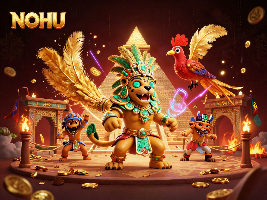 Experience the thrill of NOHU's jackpot games with a vibrant 3D scene showcasing colorful gaming elements.