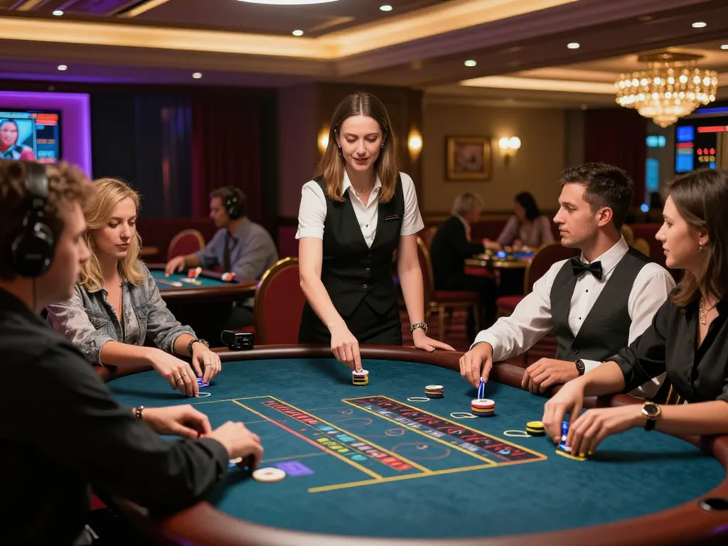 ATQ live dealer game setup with professional dealer and engaged players in a luxurious casino atmosphere.
