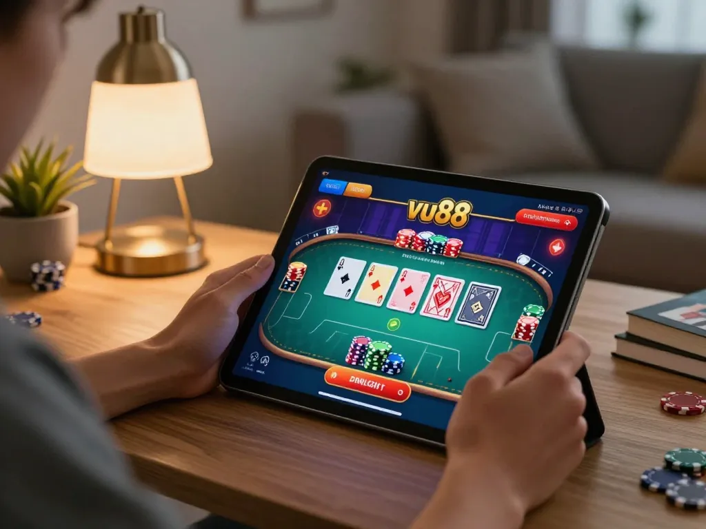 Player experiencing lively vu88 online casino gaming with poker interface and strategy notes