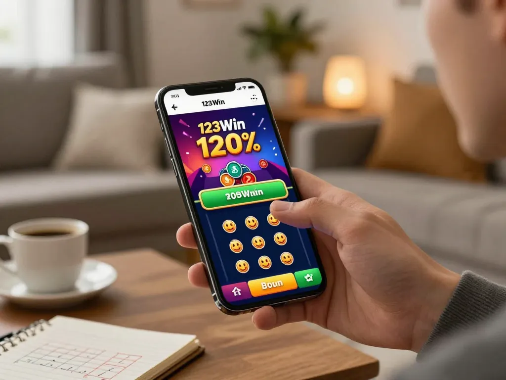 Engaging scene of a user placing bets on the 123Win online casino app in a cozy setting