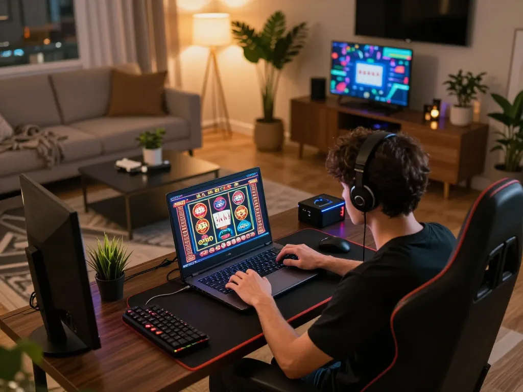 Player enjoying go88 online casino gaming experience in a stylish home setup