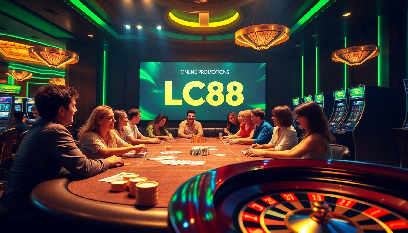 Engaged players enjoying high-stakes gaming at LC88 casino featuring poker and slot machines.