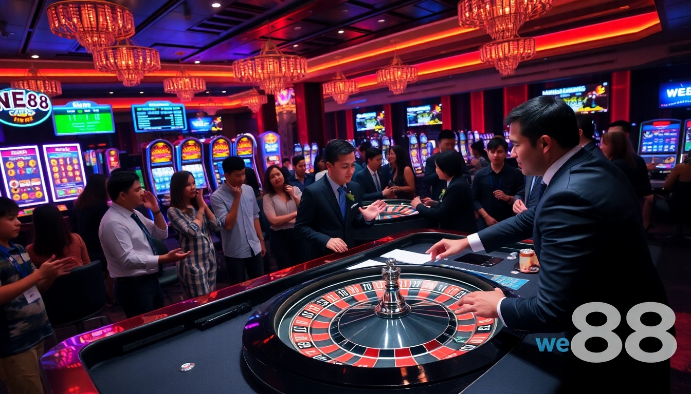 Experience thrilling gaming action at WE88 Casino with vibrant roulette and slot machines.
