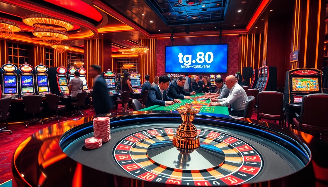 Engage with the vibrant casino scene at https://tg88.cafe/, showcasing players at the roulette table and slot machines.