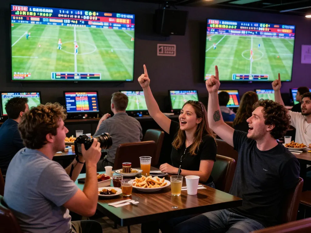Engaged sports fans placing bets while watching live games at a betting lounge, highlighting แทงบอล excitement and community.