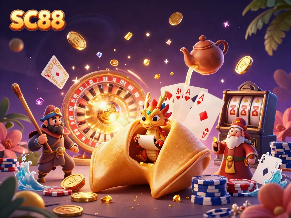 Experience the excitement of SC88 with a magical scene of golden fortunes, coins, and dynamic casino elements.