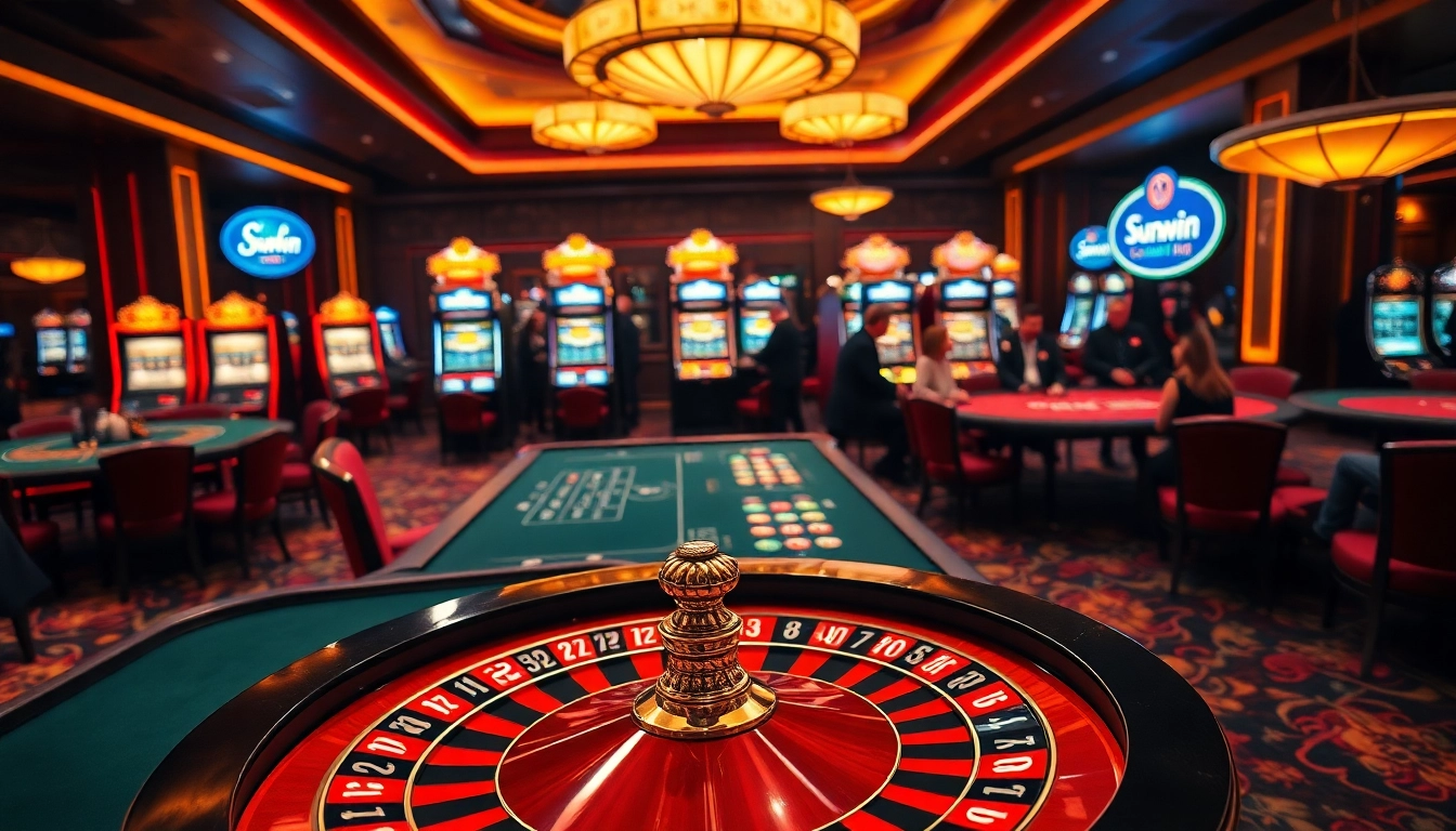Experience the thrill of Sunwin-themed gaming with vibrant roulette and elegant casino tables.