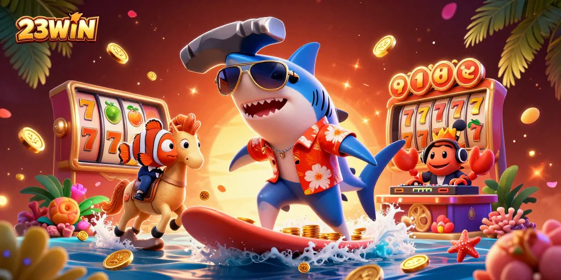 Experience the thrill at 23WIN with a vibrant illustration showcasing a hammer-head shark and friends in a magical gambling scene.