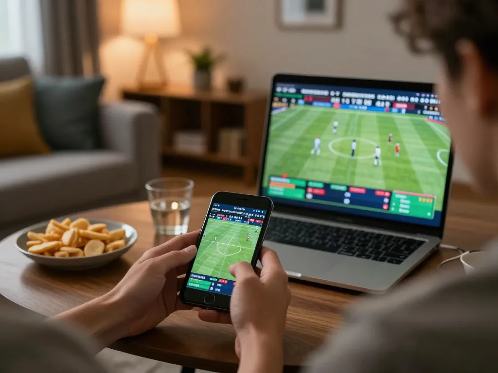 58win user enjoying live sports betting experience on smartphone in cozy living room setting.