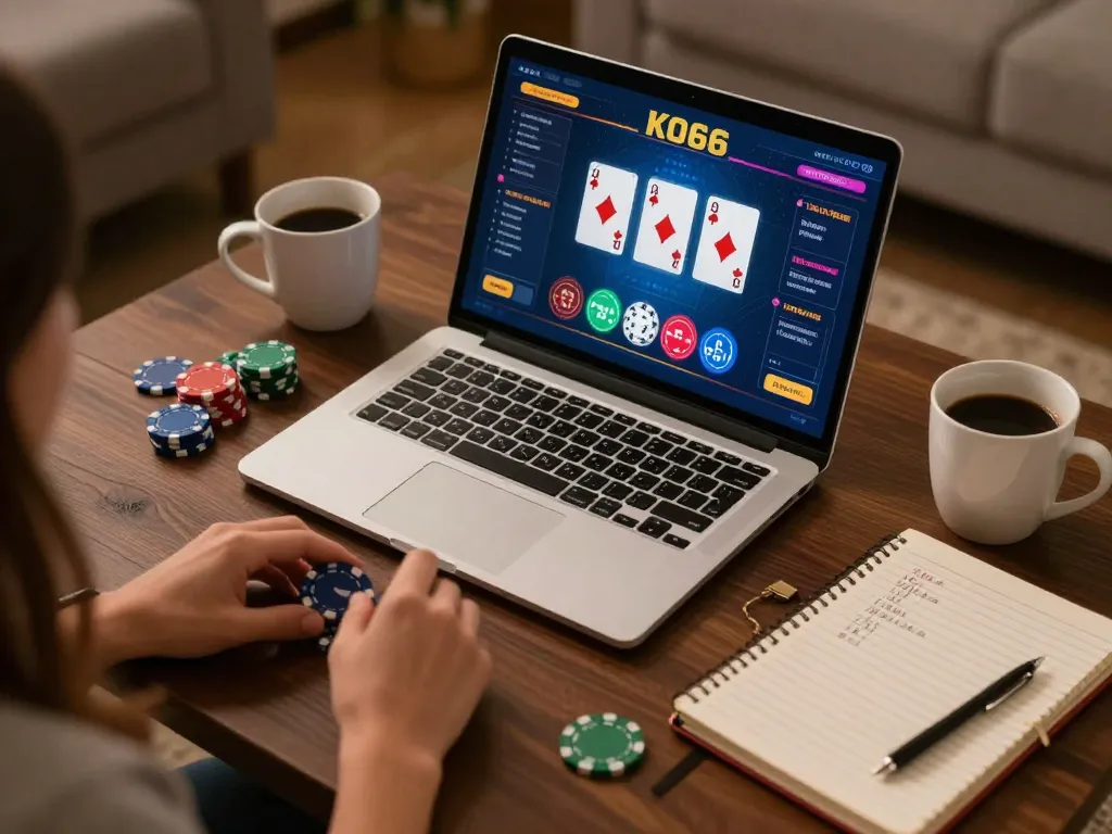 Players strategizing at KO66 online poker game, showcasing interactive gameplay in a cozy home setting.